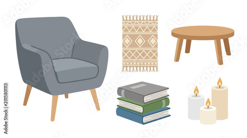 Cozy Living Room Furniture and Decor Elements Collection.