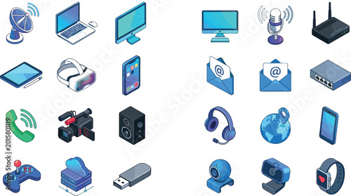 Set of Isometric Technology Icons Featuring Gadgets, Communication Devices, and Electronics for Modern Digital Concepts