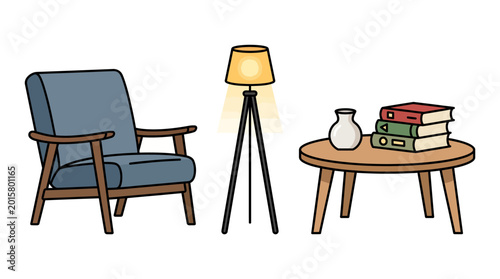 Cozy Living Room Furniture Arrangement With Armchair Lamp and Table.