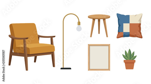 Cozy Mid Century Modern Living Room Furniture and Decor Set.