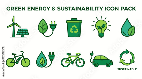 Green Energy and Sustainability Icon Pack for Eco-Friendly Concepts.