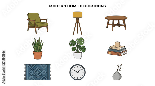 Modern Home Decor Icons Collection Set.