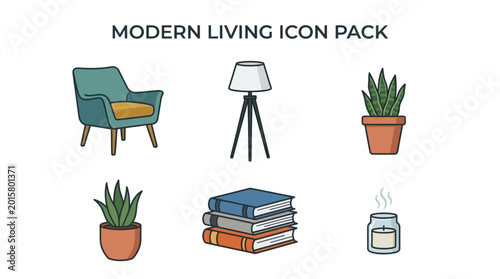 Modern Living Icon Pack Featuring Home Decor Elements.
