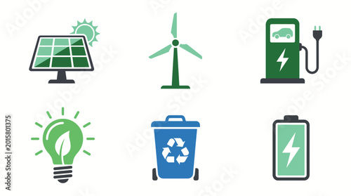 Set of eco-friendly energy and recycling icons.