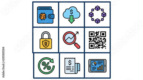 Set of Icons Representing Financial Technology and Digital Concepts.