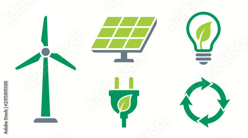 Set of green energy icons including wind turbine solar panel lightbulb plug and recycle symbol.