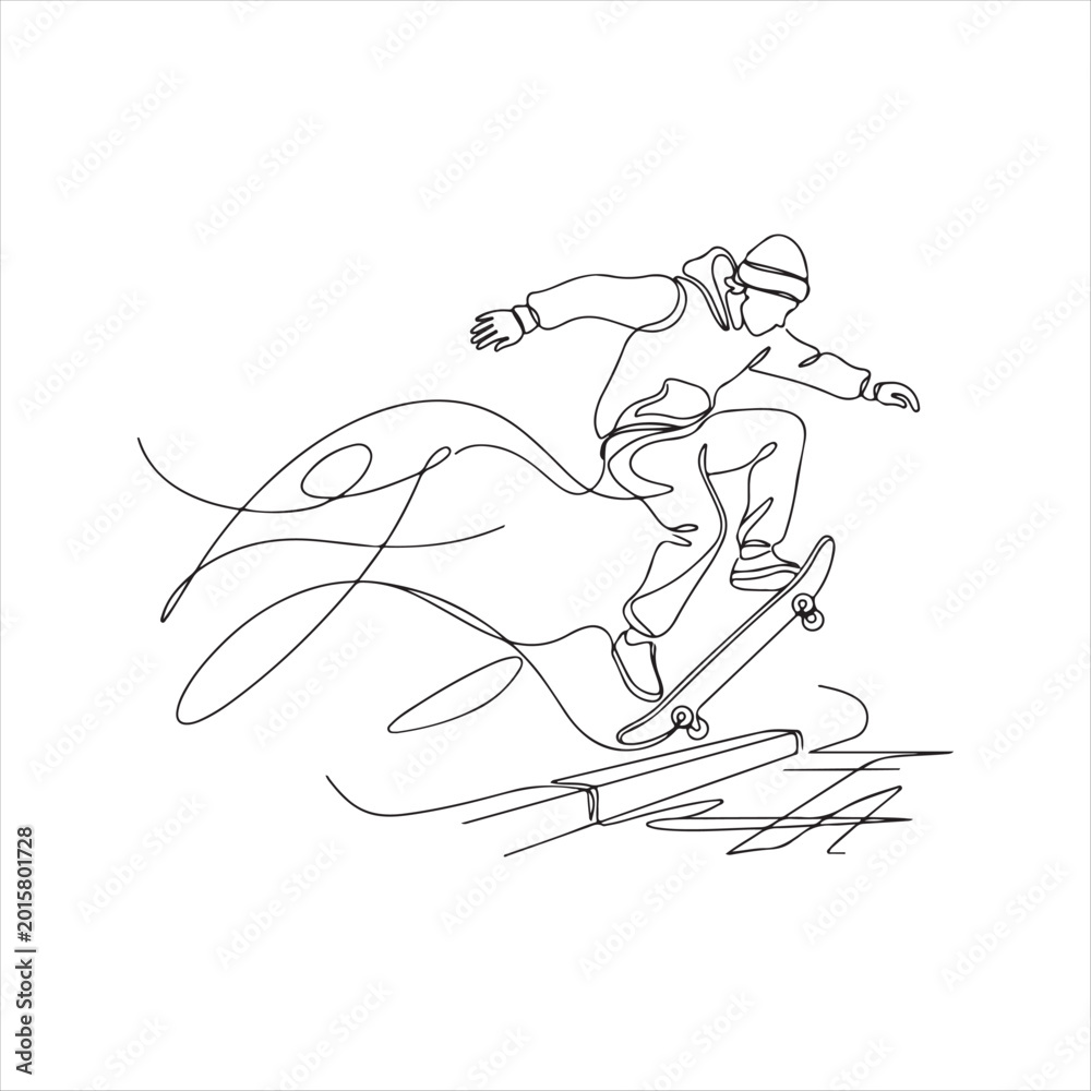 Fototapeta premium Continuous line drawing of skateboarder performing trick on skateboard action sports