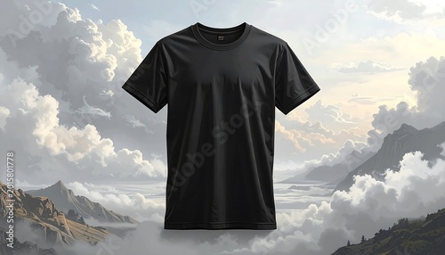 A simple, plain black t-shirt floats in the center, set against an artistic background of clouds and mountains