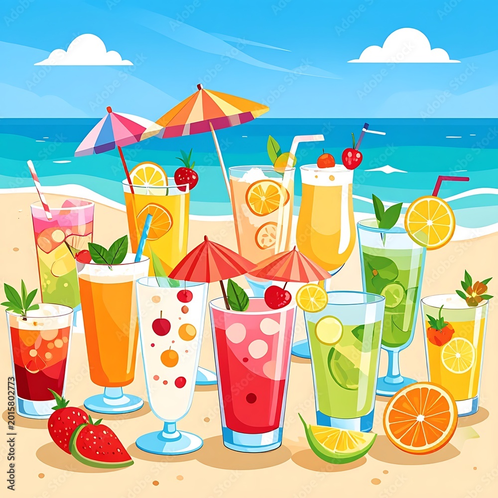 Obraz premium Colorful beach drinks with umbrellas and fruits.