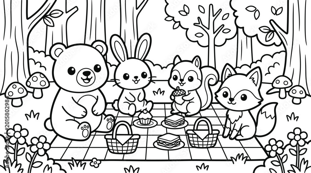Fototapeta premium Charming woodland creatures enjoying a picnic in a forest clearing, black and white illustration for coloring