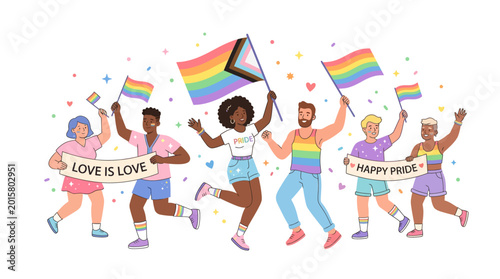 Diverse people dancing with rainbow flags and pride banners