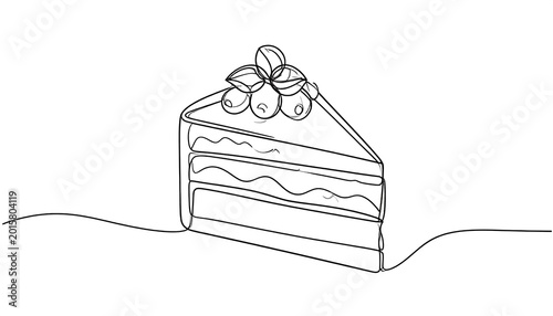 A simple, single-line drawing of a triangular cake slice, adorned with small berries and leaves on top