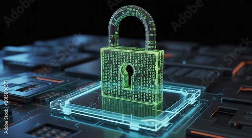 A glowing green padlock features complex binary code patterns representing advanced cybersecurity protection for modern digital data and network systems