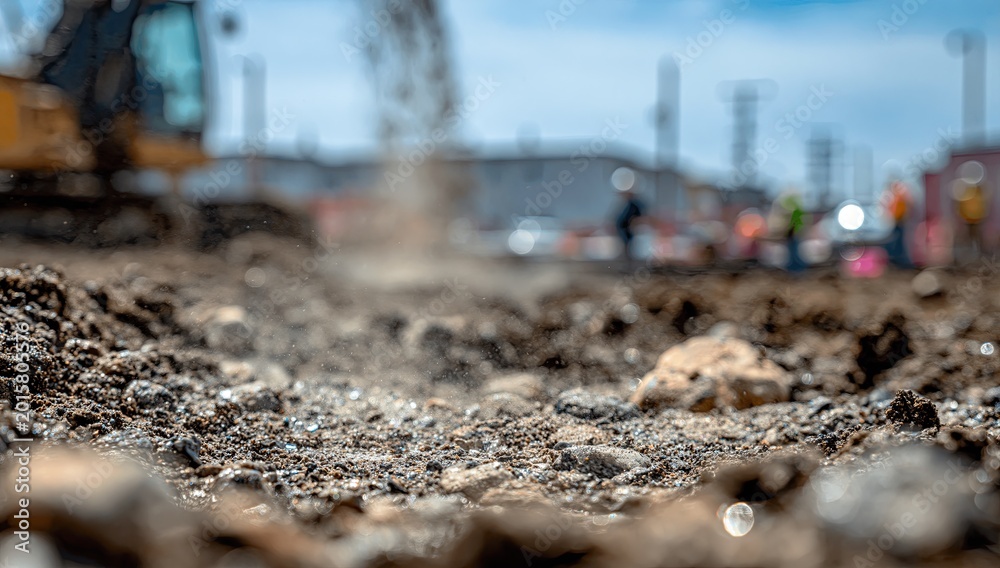 Naklejka premium Earth disturbed at construction site with heavy machinery and blurred workers