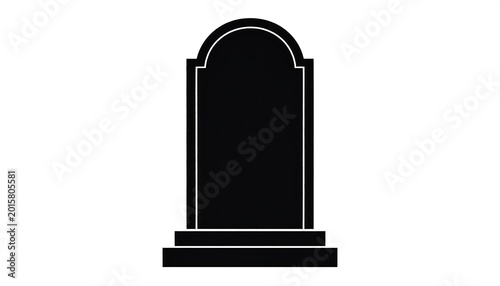 A simple, symmetrical black silhouette of a headstone with an arched top, sitting on a tiered base