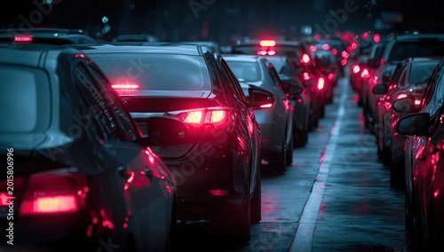 Intense traffic jam with red brake lights glowing on a wet road