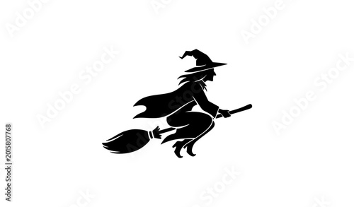 Konstfotografi Solid black flying witch silhouette vector icon featuring classic halloween char