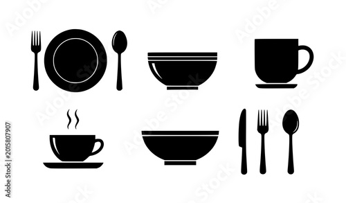 Cuadro en lienzo Solid black kitchen tableware and cutlery silhouette vector icon set featuring p