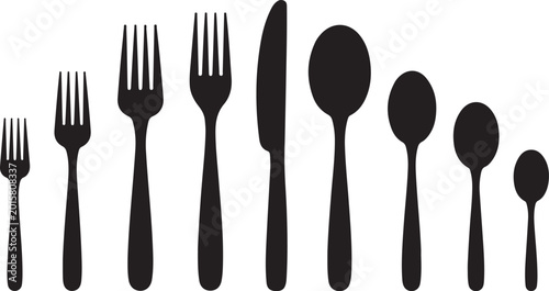 Schilderij op canvas Set of black flatware icons including forks knives and spoons