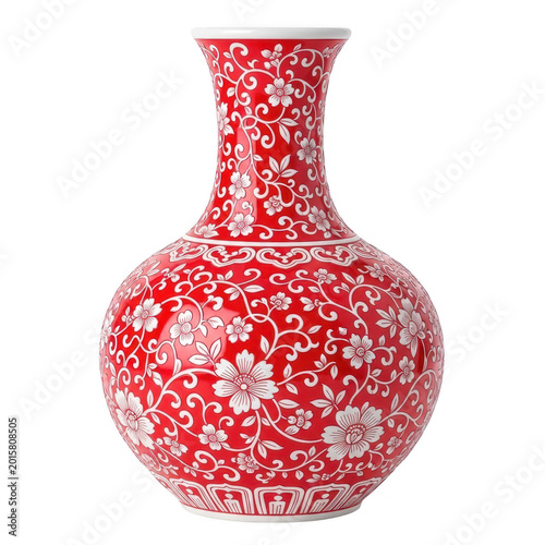 Traditional chinese red porcelain vase with white floral pattern and glossy ceramic finish.