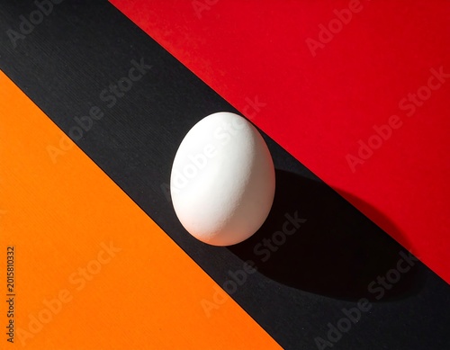 A simple, white egg is placed on a diagonally divided background of black, orange, and red. A shadow appears