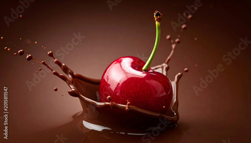 Ripe red cherry splashing into dark chocolate with motion blur. cherry, chocolate