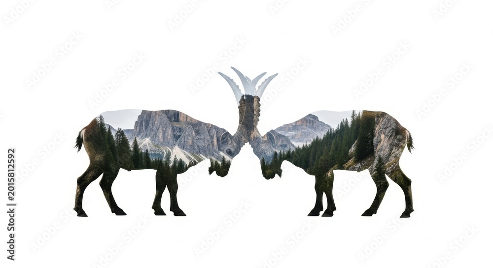 Fototapeta premium Two Majestic Rams with Mountain and Forest Landscapes Within Their Silhouettes