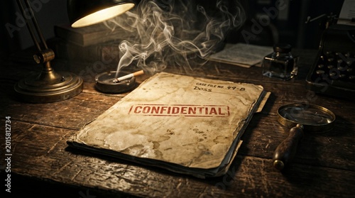 Atmospheric shot of a confidential document folder on a vintage desk, surrounded by a smoking cigarette, an old lamp, and investigative tools, evoking a mysterious and secretive detective story