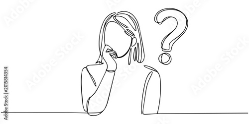 Cuadro en lienzo Little Girl Has Question Mark On Head Frequently Asked Questions Concept Continuous One Line Drawing, Abstract line art of a puzzled female figure with question marks