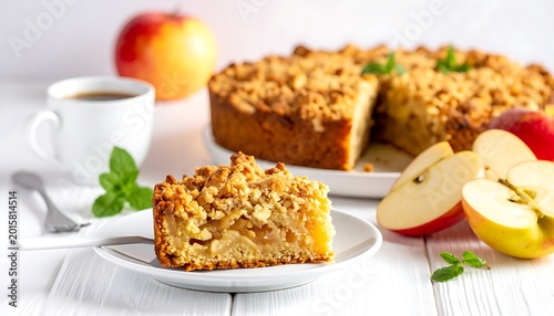 Delicious apple crumble cake slice served.