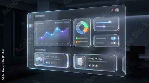 Futuristic glass user interface dashboard with data visualization charts graphs and control sliders displaying analytics and energy monitoring in a modern digital environment with soft ambient