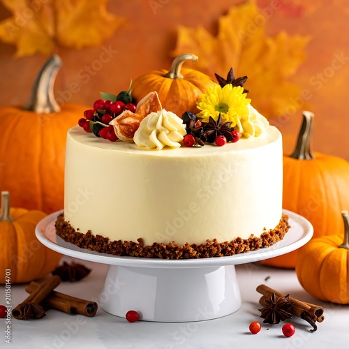 Delicious autumn cake with pumpkin decorations.