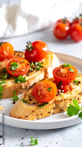 Delicious Bruschetta with Fresh Tomatoes and Herbs.