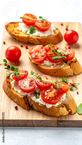 Delicious bruschetta with fresh tomatoes herbs.