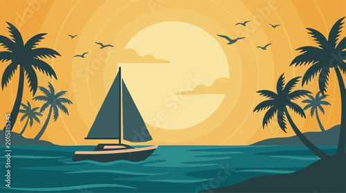 Bilde på lerret Tropical sunset with sailboat, palm trees, and birds over the ocean