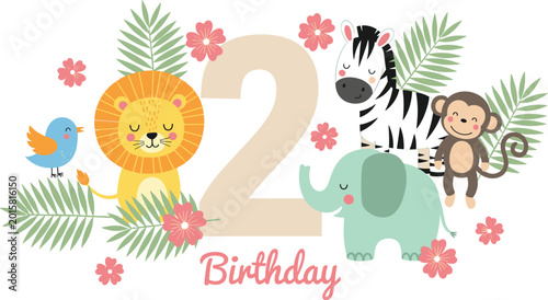 Photography Cute Animal Birthday Design, Lion, Elephant, Monkey, Zebra, Bird, 2nd Birthday C