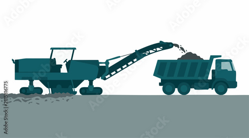 Quadro em tela Road milling machine loading asphalt into dump truck at construction site