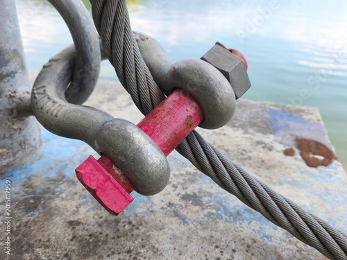 Photos a heavy-duty steel wire rope connected to a metal shackle with a bright pink bolt
