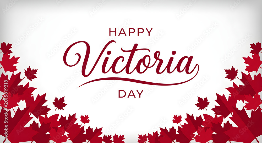 Naklejka premium Handwritten Victoria Day greeting with red maple leaves on white background