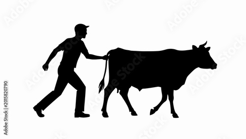 Canvas-taulu Farmer pulling cow by tail silhouette vector, agricultural worker with livestock