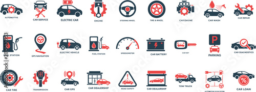 Automotive Car Service and Repair Icons Set - Electric Vehicle Engine Tire Battery Vector