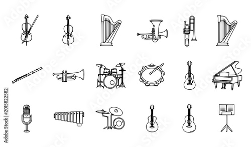 Bild auf Leinwand Musical Instruments Linear Icons Set with Orchestra String Wind and Percussion O