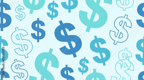 Abstract seamless pattern of scattered blue and cyan dollar signs