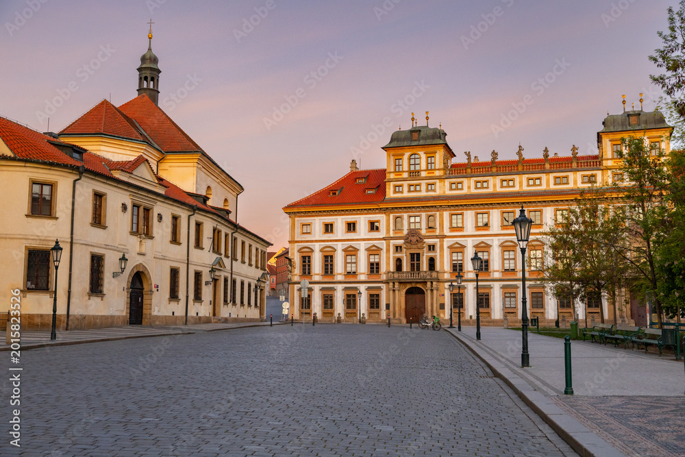 Naklejka premium Artistic Medieval Prague Architecture at Sunrise, Historic Old Town Cityscape in Morning Light, Famous European Travel Destination, Prague Photo Tour, Czech Republic Medieval Streets and Landmarks