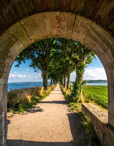 Stone archway overlooking ocean pathway trees.