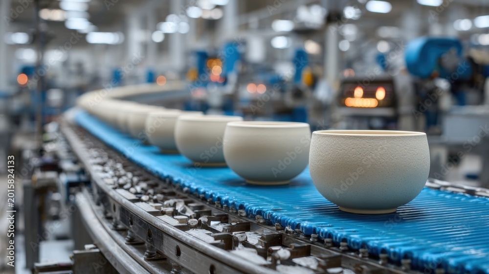 Obraz premium Bowls move along a conveyor belt in a factory during production, showing the manufacturing process inside a large facility