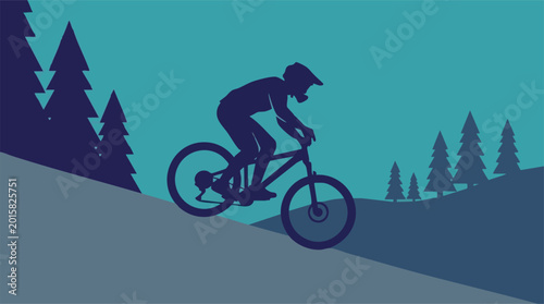 Tableau sur toile Mountain Biker Silhouette Descending Hill with Pine Trees Illustration