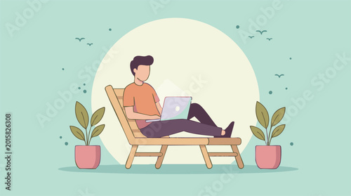 Illustration of a man working on a laptop while relaxing outdoors