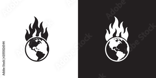 Burning Earth Silhouette – Americas Globe with Jagged Flames in Black and White Minimalist Style