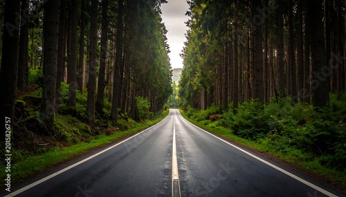 Straight road through dense forest landscape.